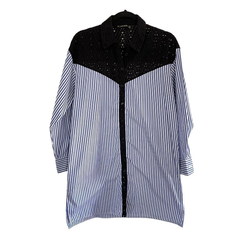 Zara Size M Stripe Button Down Eyelet Crochet Lace Shirt Dress Pinstripe